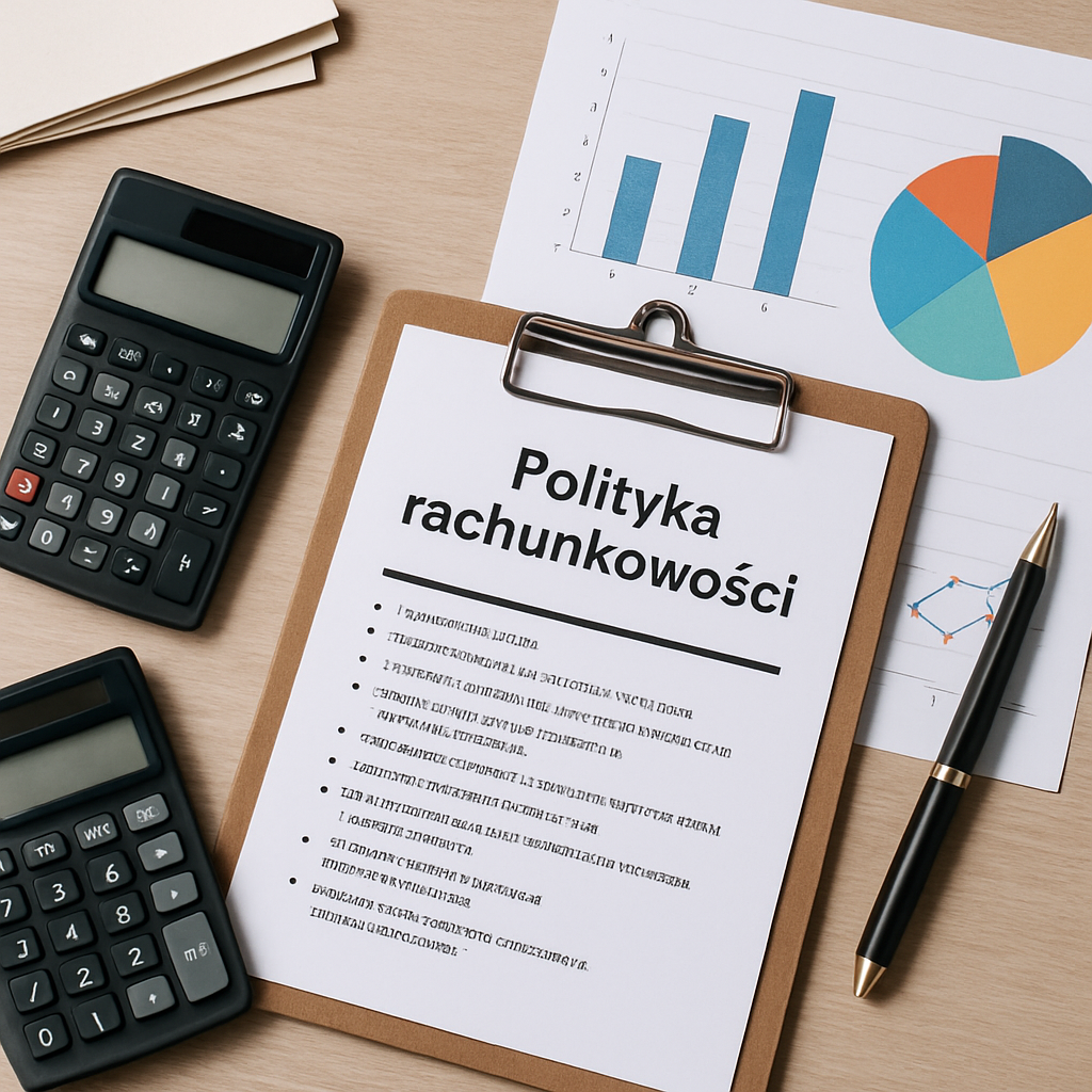 Рабочий стол бухгалтера с калькулятором и документами по учётной политике