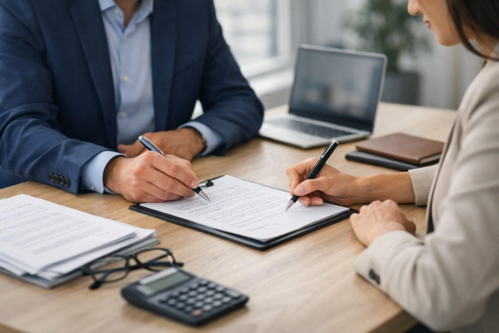 Pracodawca i pracownik podpisują umowę o pracę przy biurku w nowoczesnym biurze