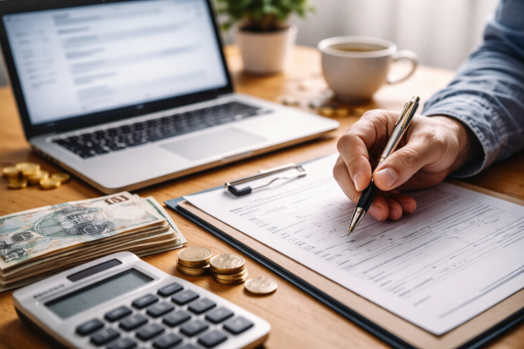 decyzja o założeniu działalności gospodarczej w Polsce przy biurku z laptopem, kalkulatorem i pieniędzmi