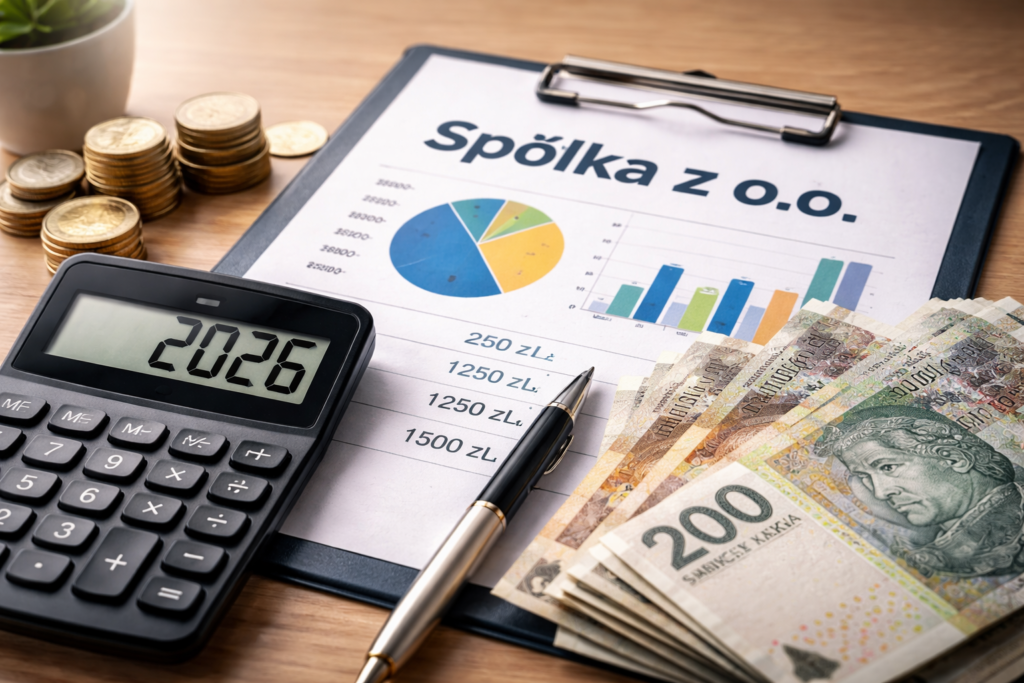 Kalkulacja kosztów założenia spółki z o.o. – pieniądze, kalkulator i dokumenty na biurku